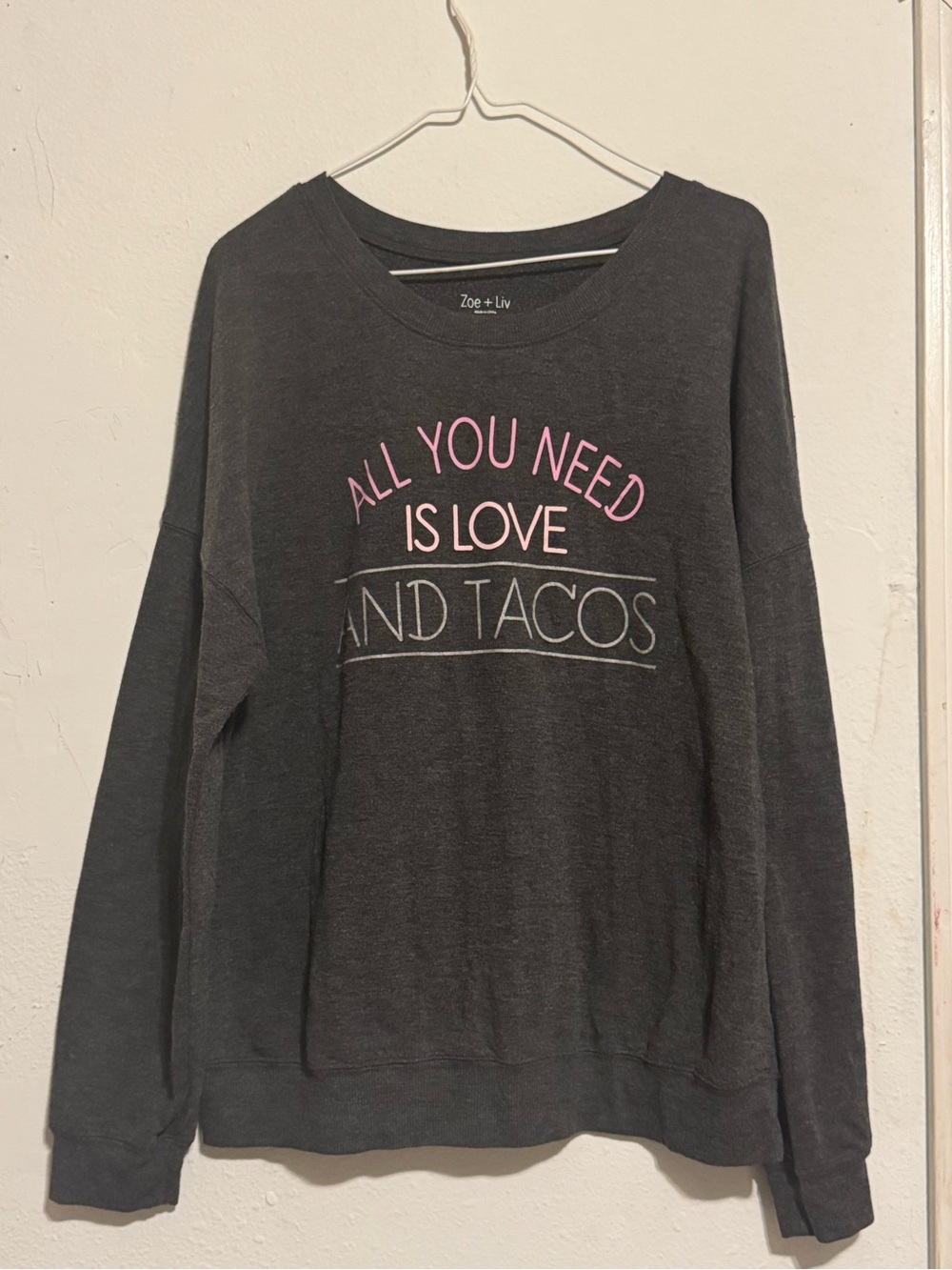 Zoe + Liv Charcoal Crewneck Sweatshirt with Pink & White Graphic